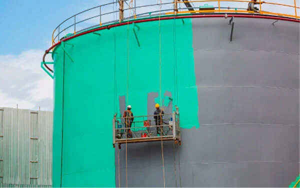 Industrial Painters On Scaffold Painting a Tank